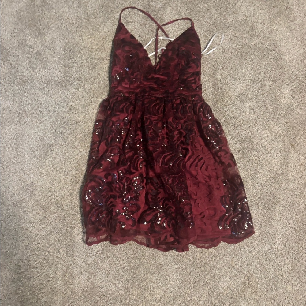Lulu's Deep Red Sequin Lace Dress